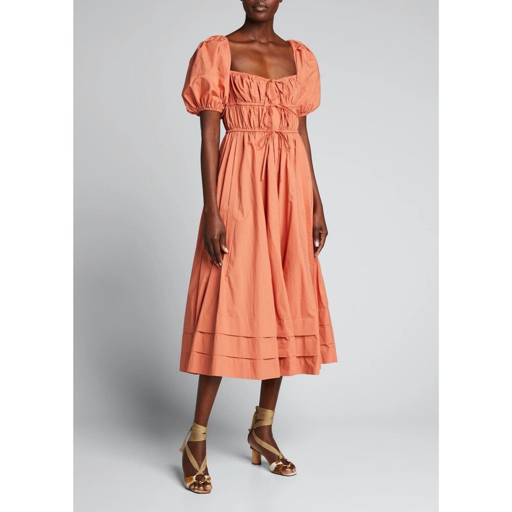 NWOT Ulla Johnson Palma Crochet Trim Midi Dress Size 0 Peach Cotton Ruched
